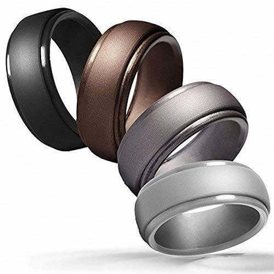 Silicone Wedding Ring for Men 4 Packs Singles Step Edge Sleek Design Metallic Black and Camo