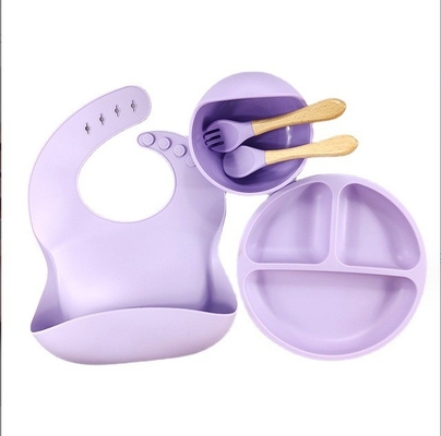 5pcs Eco-friendly Baby Feeding Set Silicone Suction Bowls Plates Spoon Fork Bib for Toddlers