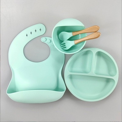 5pcs Eco-friendly Baby Feeding Set Silicone Suction Bowls Plates Spoon Fork Bib for Toddlers