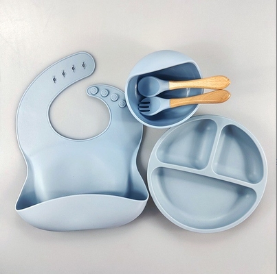 5pcs Eco-friendly Baby Feeding Set Silicone Suction Bowls Plates Spoon Fork Bib for Toddlers