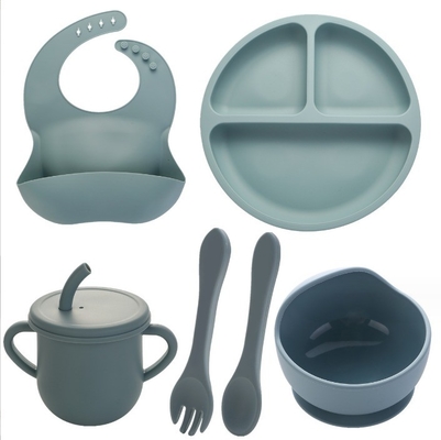 None Design Style Silicone Feeding Set Full Dinner Plate Bowl Cup Spoon Fork Spork for Infants