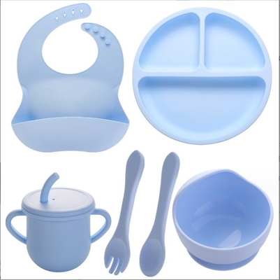 None Design Style Silicone Feeding Set Full Dinner Plate Bowl Cup Spoon Fork Spork for Infants