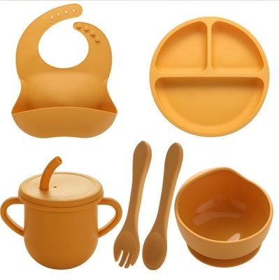 None Design Style Silicone Feeding Set Full Dinner Plate Bowl Cup Spoon Fork Spork for Infants